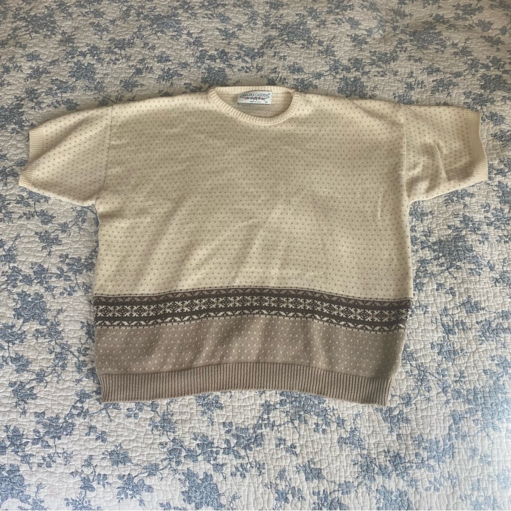 Vintage Chelsea Gardens Taupe Cream Cottage Short Sleeve Cotton Knit Top XL